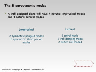 Revision 2.1 – Copyright A. Deperrois - November 2010
The 8 aerodynamic modes
 A well designed plane will have 4 natural longitudinal modes
and 4 natural lateral modes
Lateral
1 spiral mode
1 roll damping mode
2 Dutch roll modes
Longitudinal
2 symmetric phugoid modes
2 symmetric short period
modes
 