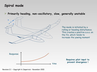 Revision 2.1 – Copyright A. Deperrois - November 2010
Spiral mode
 Primarily heading, non-oscillatory, slow, generally unstable
The mode is initiated by a
rolling or heading disturbance.
This creates a positive a.o.a. on
the fin, which tends to
increase the yawing moment
time
Response
Requires pilot input to
prevent divergence !
 