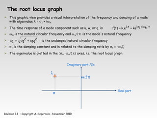 Revision 2.1 – Copyright A. Deperrois - November 2010
The root locus graph
 This graphic view provides a visual interpretation of the frequency and damping of a mode
with eigenvalue λ = σ1 + iωN
 The time response of a mode component such as u, w, or q, is
 ωN is the natural circular frequency and ωN/2π is the mode's natural frequency
 is the undamped natural circular frequency
 σ1 is the damping constant and is related to the damping ratio by σ1 = -ω1ζ
 The eigenvalue is plotted in the (σ1, ωN/2π) axes, i.e. the root locus graph
( )t
i
t N
1
ke
e
.
k
)
t
(
f ω
+
σ
λ =
=
λ
σ
ω/2π
Imaginary part /2π
Real part
2
N
2
1
1 ω
+
σ
=
ω
 