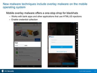 16© 2015 IBM Corporation
New malware techniques include overlay malware on the mobile
operating system
Mobile overlay malware offers a one-stop shop for blackhats
– Works with bank apps and other applications that use HTML/JS injections
– Enable credential collection
 