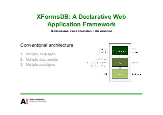 XFormsDB: A Declarative Web
             Application Framework
                   Markku Laine, Denis Shestakov, Petri Vuorimaa




Conventional architecture
1.  Multiple languages
2.  Multiple data models
3.  Multiple paradigms
 