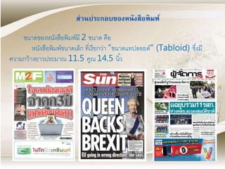 ขนาดของหนังสือพิมพ์มี 2 ขนาด คือ
หนังสือพิมพ์ขนาดเล็ก ที่เรียกว่า "ขนาดแทปลอยด์" (Tabloid) ซึ่งมี
ความกว้างยาวประมาณ 11.5 คูณ 14.5 นิ้ว
 