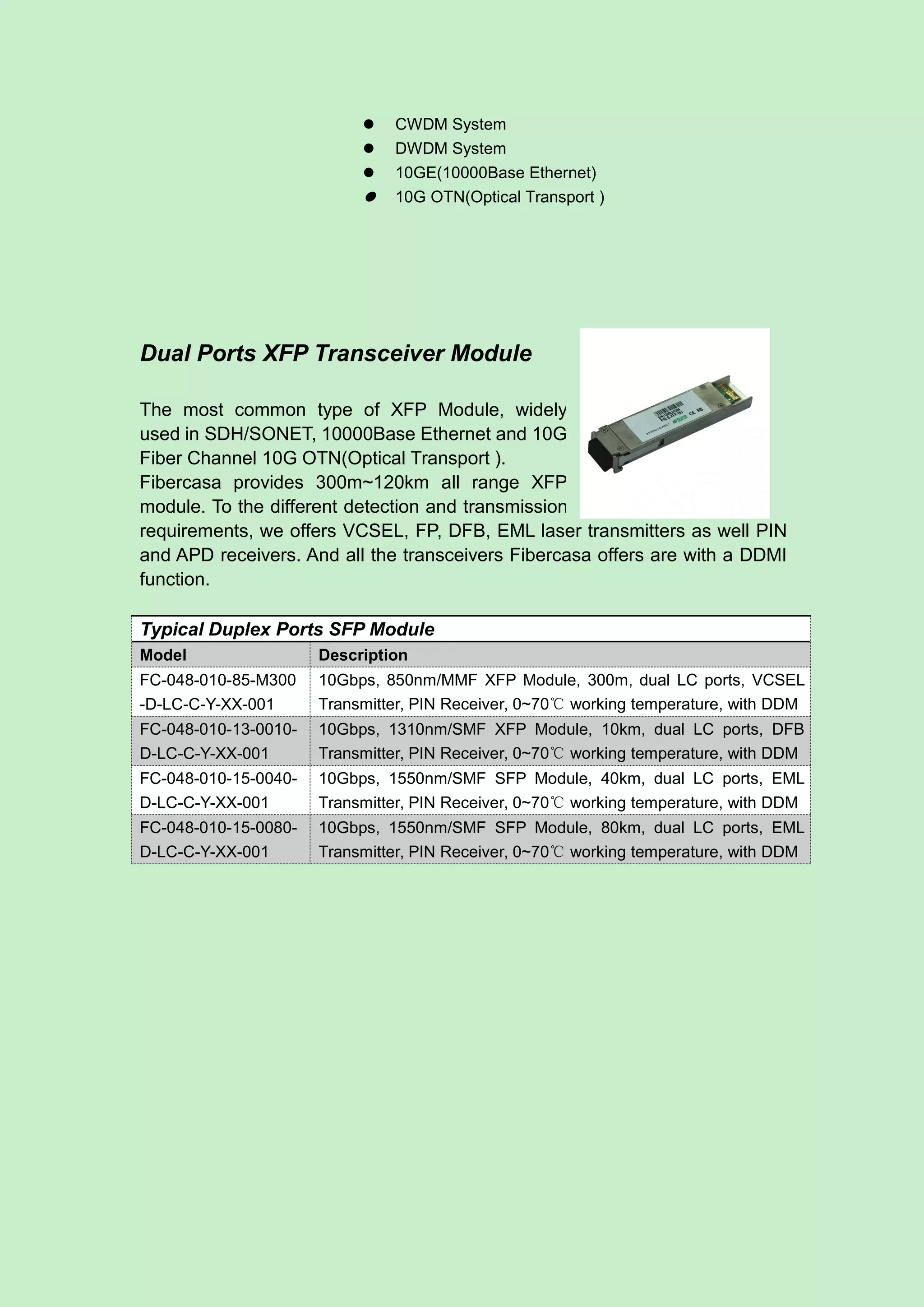  CWDM System
 DWDM System
 10GE(10000Base Ethernet)
 10G OTN(Optical Transport )
Dual Ports XFP Transceiver Module
The most common type of XFP Module, widely
used in SDH/SONET, 10000Base Ethernet and 10G
Fiber Channel 10G OTN(Optical Transport ).
Fibercasa provides 300m~120km all range XFP
module. To the different detection and transmission
requirements, we offers VCSEL, FP, DFB, EML laser transmitters as well PIN
and APD receivers. And all the transceivers Fibercasa offers are with a DDMI
function.
Typical Duplex Ports SFP Module
Model Description
FC-048-010-85-M300
-D-LC-C-Y-XX-001
10Gbps, 850nm/MMF XFP Module, 300m, dual LC ports, VCSEL
Transmitter, PIN Receiver, 0~70℃ working temperature, with DDM
FC-048-010-13-0010-
D-LC-C-Y-XX-001
10Gbps, 1310nm/SMF XFP Module, 10km, dual LC ports, DFB
Transmitter, PIN Receiver, 0~70℃ working temperature, with DDM
FC-048-010-15-0040-
D-LC-C-Y-XX-001
10Gbps, 1550nm/SMF SFP Module, 40km, dual LC ports, EML
Transmitter, PIN Receiver, 0~70℃ working temperature, with DDM
FC-048-010-15-0080-
D-LC-C-Y-XX-001
10Gbps, 1550nm/SMF SFP Module, 80km, dual LC ports, EML
Transmitter, PIN Receiver, 0~70℃ working temperature, with DDM
 
