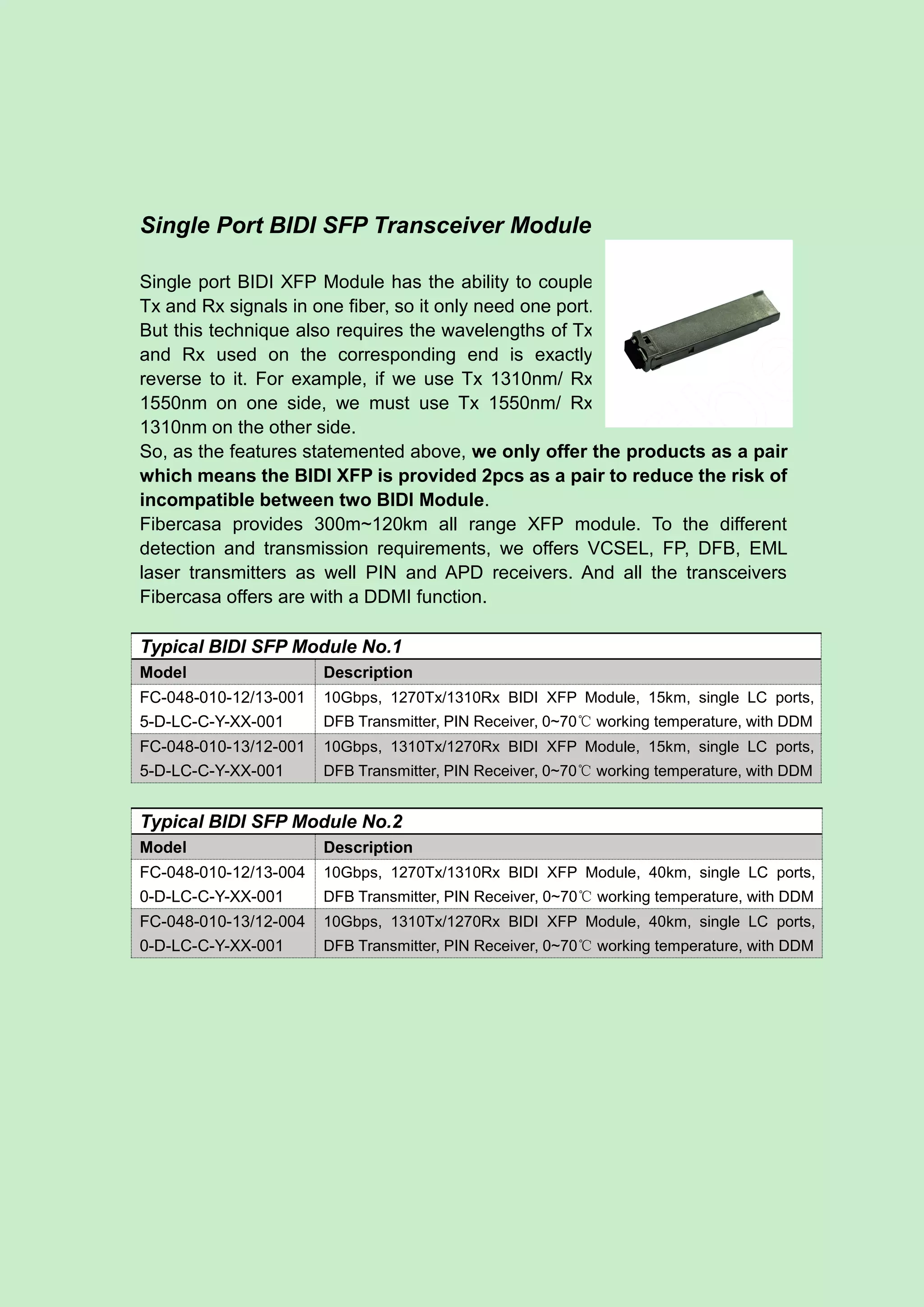 Single Port BIDI SFP Transceiver Module
Single port BIDI XFP Module has the ability to couple
Tx and Rx signals in one fiber, so it only need one port.
But this technique also requires the wavelengths of Tx
and Rx used on the corresponding end is exactly
reverse to it. For example, if we use Tx 1310nm/ Rx
1550nm on one side, we must use Tx 1550nm/ Rx
1310nm on the other side.
So, as the features statemented above, we only offer the products as a pair
which means the BIDI XFP is provided 2pcs as a pair to reduce the risk of
incompatible between two BIDI Module.
Fibercasa provides 300m~120km all range XFP module. To the different
detection and transmission requirements, we offers VCSEL, FP, DFB, EML
laser transmitters as well PIN and APD receivers. And all the transceivers
Fibercasa offers are with a DDMI function.
Typical BIDI SFP Module No.1
Model Description
FC-048-010-12/13-001
5-D-LC-C-Y-XX-001
10Gbps, 1270Tx/1310Rx BIDI XFP Module, 15km, single LC ports,
DFB Transmitter, PIN Receiver, 0~70℃ working temperature, with DDM
FC-048-010-13/12-001
5-D-LC-C-Y-XX-001
10Gbps, 1310Tx/1270Rx BIDI XFP Module, 15km, single LC ports,
DFB Transmitter, PIN Receiver, 0~70℃ working temperature, with DDM
Typical BIDI SFP Module No.2
Model Description
FC-048-010-12/13-004
0-D-LC-C-Y-XX-001
10Gbps, 1270Tx/1310Rx BIDI XFP Module, 40km, single LC ports,
DFB Transmitter, PIN Receiver, 0~70℃ working temperature, with DDM
FC-048-010-13/12-004
0-D-LC-C-Y-XX-001
10Gbps, 1310Tx/1270Rx BIDI XFP Module, 40km, single LC ports,
DFB Transmitter, PIN Receiver, 0~70℃ working temperature, with DDM
 