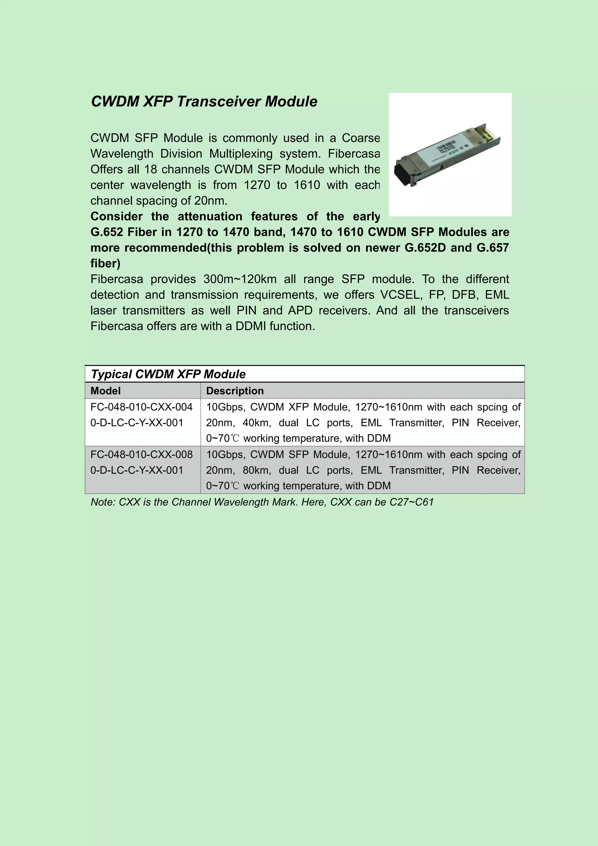 CWDM XFP Transceiver Module
CWDM SFP Module is commonly used in a Coarse
Wavelength Division Multiplexing system. Fibercasa
Offers all 18 channels CWDM SFP Module which the
center wavelength is from 1270 to 1610 with each
channel spacing of 20nm.
Consider the attenuation features of the early
G.652 Fiber in 1270 to 1470 band, 1470 to 1610 CWDM SFP Modules are
more recommended(this problem is solved on newer G.652D and G.657
fiber)
Fibercasa provides 300m~120km all range SFP module. To the different
detection and transmission requirements, we offers VCSEL, FP, DFB, EML
laser transmitters as well PIN and APD receivers. And all the transceivers
Fibercasa offers are with a DDMI function.
Typical CWDM XFP Module
Model Description
FC-048-010-CXX-004
0-D-LC-C-Y-XX-001
10Gbps, CWDM XFP Module, 1270~1610nm with each spcing of
20nm, 40km, dual LC ports, EML Transmitter, PIN Receiver,
0~70℃ working temperature, with DDM
FC-048-010-CXX-008
0-D-LC-C-Y-XX-001
10Gbps, CWDM SFP Module, 1270~1610nm with each spcing of
20nm, 80km, dual LC ports, EML Transmitter, PIN Receiver,
0~70℃ working temperature, with DDM
Note: CXX is the Channel Wavelength Mark. Here, CXX can be C27~C61
 