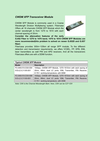 CWDM XFP Transceiver Module
CWDM SFP Module is commonly used in a Coarse
Wavelength Division Multiplexing system. Fibercasa
Offers all 18 channels CWDM SFP Module which the
center wavelength is from 1270 to 1610 with each
channel spacing of 20nm.
Consider the attenuation features of the early
G.652 Fiber in 1270 to 1470 band, 1470 to 1610 CWDM SFP Modules are
more recommended(this problem is solved on newer G.652D and G.657
fiber)
Fibercasa provides 300m~120km all range SFP module. To the different
detection and transmission requirements, we offers VCSEL, FP, DFB, EML
laser transmitters as well PIN and APD receivers. And all the transceivers
Fibercasa offers are with a DDMI function.
Typical CWDM XFP Module
Model Description
FC-048-010-CXX-004
0-D-LC-C-Y-XX-001
10Gbps, CWDM XFP Module, 1270~1610nm with each spcing of
20nm, 40km, dual LC ports, EML Transmitter, PIN Receiver,
0~70℃ working temperature, with DDM
FC-048-010-CXX-008
0-D-LC-C-Y-XX-001
10Gbps, CWDM SFP Module, 1270~1610nm with each spcing of
20nm, 80km, dual LC ports, EML Transmitter, PIN Receiver,
0~70℃ working temperature, with DDM
Note: CXX is the Channel Wavelength Mark. Here, CXX can be C27~C61
 