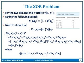 ASU-CSC445: Neural Networks Prof. Dr. Mostafa Gadal-Haqq
The XOR Problem
 For the two dimensional vectors x=[x1 x2];
 Define the following Kernel:
𝒌 x,x𝒊 = 𝟏 + x 𝑻
x𝒊
2
 Need to show that
K(xi,xj)= φ(xi)Tφ(xj)
K(xi,xj)=(1 + xi
Txj)2
= 1+ xi1
2xj1
2 + 2 xi1xj1 xi2xj2+ xi2
2xj2
2 + 2xi1xj1 + 2xi2xj2=
= [1 xi1
2 √2 xi1xi2 xi2
2 √2xi1 √2xi2]T [1 xj1
2 √2 xj1xj2 xj2
2 √2xj1 √2xj2]
= φ(xi)Tφ(xj),
where
φ(x) = [1 x1
2 √2 x1x2 x2
2 √2x1 √2x2]
23
 