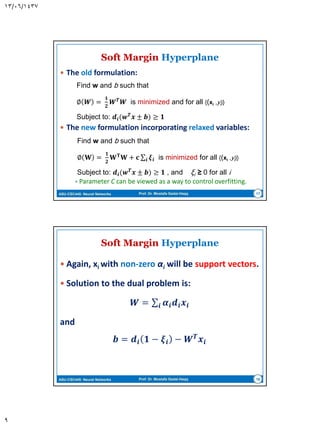 ASU-CSC445: Neural Networks Prof. Dr. Mostafa Gadal-Haqq
The Margin 










1
||||
1
1
||||
1
||||
)(
11)(
dif
w
dif
w
w
xg
r
dforbxwxg T





9
r
ρ
1bxwT 
1 bxwT 
0 bxwT 
||||
2
2
w
r 
Then the margin is given as:
 