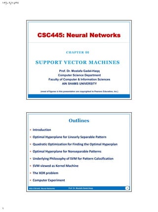 CHAPTER 06
SUPPORT VECTOR MACHINES
CSC445: Neural Networks
Prof. Dr. Mostafa Gadal-Haqq M. Mostafa
Computer Science Department
Faculty of Computer & Information Sciences
AIN SHAMS UNIVERSITY
(some of the figures in this presentation are copyrighted to Pearson Education, Inc.)
 