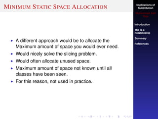 Implications of
Substitution
Muhammad Adil
Raja
Introduction
The is-a
Relationship
Summary
References
MINIMUM STATIC SPACE ALLOCATION
A different approach would be to allocate the
Maximum amount of space you would ever need.
Would nicely solve the slicing problem.
Would often allocate unused space.
Maximum amount of space not known until all
classes have been seen.
For this reason, not used in practice.
 