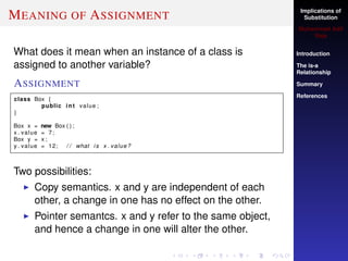 Implications of
Substitution
Muhammad Adil
Raja
Introduction
The is-a
Relationship
Summary
References
MEANING OF ASSIGNMENT
What does it mean when an instance of a class is
assigned to another variable?
ASSIGNMENT
class Box {
public int value ;
}
Box x = new Box ( ) ;
x . value = 7;
Box y = x ;
y . value = 12; / / what i s x . value?
Two possibilities:
Copy semantics. x and y are independent of each
other, a change in one has no effect on the other.
Pointer semantcs. x and y refer to the same object,
and hence a change in one will alter the other.
 