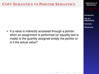 Implications of
Substitution
Muhammad Adil
Raja
Introduction
The is-a
Relationship
Summary
References
COPY SEMANTICS VS POINTER SEMANTICS
If a value is indirectly accessed through a pointer,
when an assignment is performed (or equality test is
made) is the quantity assigned simply the pointer or
is it the actual value?
 