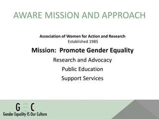 AWARE MISSION AND APPROACH 
Association of Women for Action and Research 
Established 1985 
Mission: Promote Gender Equality 
Research and Advocacy 
Public Education 
Support Services 
 