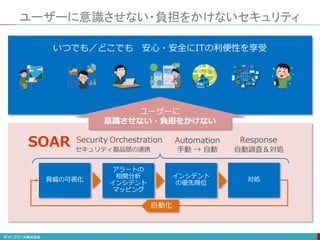 ユーザーに意識させない・負担をかけないセキュリティ
Security Orchestration Automation Response
SOAR セキュリティ製品間の連携 手動 → 自動 自動調査＆対処
自動化
いつでも／どこでも 安心・安全にITの利便性を享受
ユーザーに
意識させない・負担をかけない
 