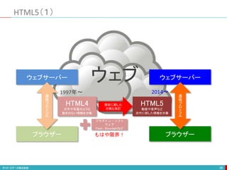 HTML5（１）
38
ウェブサーバー
ブラウザー
ウェブサーバー
ブラウザー
通
信
プ
ロ
ト
コ
ル
通
信
プ
ロ
ト
コ
ル
HTML4
文字や写真のような
動きのない情報を対象
HTML5
動画や音声など
次代に即した情報を対象
現状に即した
大幅な改訂
ウェブ
プラグイン・ソフト
ウェア
Flash、Silverlightなど
もはや限界！
1997年〜 2014〜
 