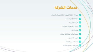 ‫توفير‬‫كافة‬‫الحلول‬‫التكنولوجية‬‫للمكتبات‬‫ومراكز‬‫المعلومات‬
‫النظم‬‫اآللية‬‫إلدارة‬‫المكتبات‬
‫األرشفة‬‫اإللكترونية‬
‫التحويل‬‫الرقمي‬‫ألوعية‬‫المعلومات‬
‫تقنيات‬RFID
‫خدمات‬‫المعالجة‬‫الفنية‬‫الكاملة‬‫للمكتبات‬
‫التدريب‬‫واالستشارات‬
‫خدمات‬‫التصميم‬‫والطباعة‬
‫تصميم‬‫اآلالت‬‫واألدوات‬‫المكتبية‬
 