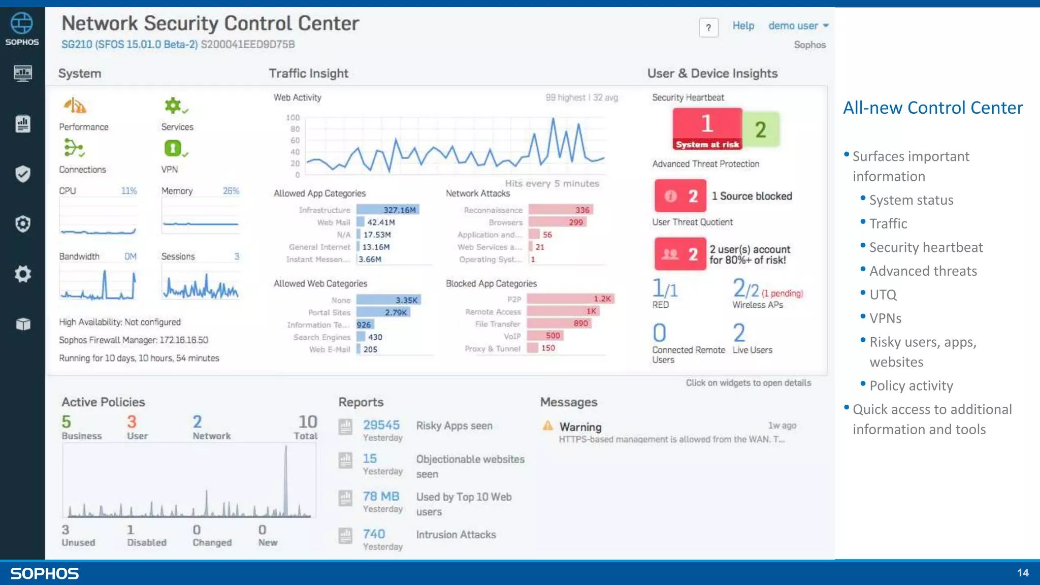 14
All-new Control Center
•Surfaces important
information
• System status
• Traffic
• Security heartbeat
• Advanced threats
• UTQ
• VPNs
• Risky users, apps,
websites
• Policy activity
•Quick access to additional
information and tools
 