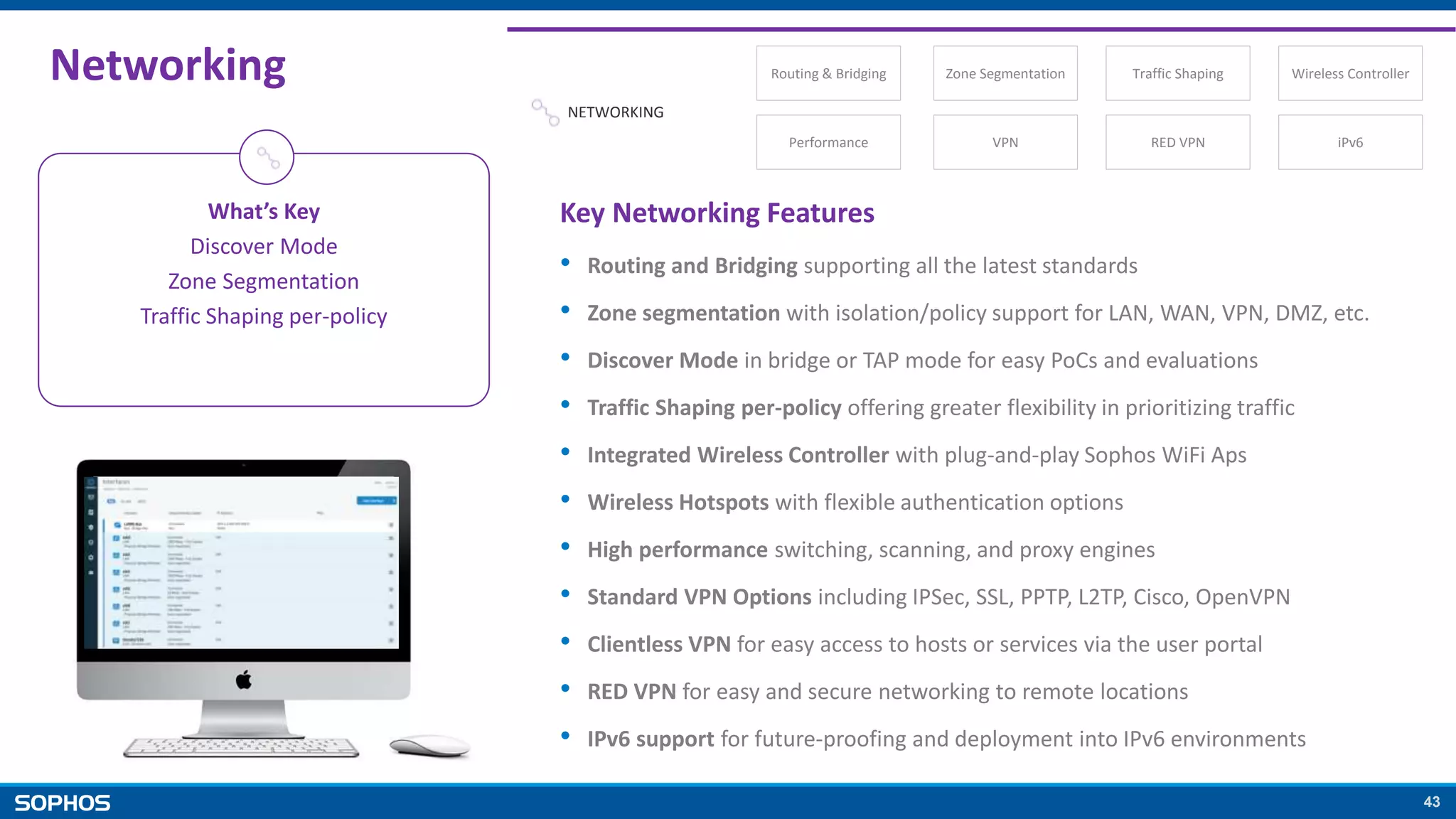 43
Networking
What’s Key
Discover Mode
Zone Segmentation
Traffic Shaping per-policy
Key Networking Features
• Routing and Bridging supporting all the latest standards
• Zone segmentation with isolation/policy support for LAN, WAN, VPN, DMZ, etc.
• Discover Mode in bridge or TAP mode for easy PoCs and evaluations
• Traffic Shaping per-policy offering greater flexibility in prioritizing traffic
• Integrated Wireless Controller with plug-and-play Sophos WiFi Aps
• Wireless Hotspots with flexible authentication options
• High performance switching, scanning, and proxy engines
• Standard VPN Options including IPSec, SSL, PPTP, L2TP, Cisco, OpenVPN
• Clientless VPN for easy access to hosts or services via the user portal
• RED VPN for easy and secure networking to remote locations
• IPv6 support for future-proofing and deployment into IPv6 environments
NETWORKING
Routing & Bridging Zone Segmentation Traffic Shaping Wireless Controller
Performance VPN RED VPN iPv6
 
