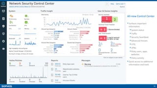 14
All-new Control Center
•Surfaces important
information
• System status
• Traffic
• Security heartbeat
• Advanced threats
• UTQ
• VPNs
• Risky users, apps,
websites
• Policy activity
•Quick access to additional
information and tools
 
