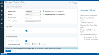 17
Integrated Policies
•Everything on one screen
•Layer-8 User Identity
Polices
•Zone based policies
•Web and App Control per
policy
•IPS and Traffic Flow per
Policy
•Security Heartbeat Policy
•Limit access for Red
or Yellow Heartbeats
 