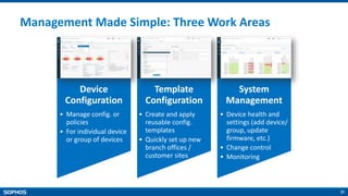 20
Management Made Simple: Three Work Areas
Device
Configuration
• Manage config. or
policies
• For individual device
or group of devices
Template
Configuration
• Create and apply
reusable config.
templates
• Quickly set up new
branch offices /
customer sites
System
Management
• Device health and
settings (add device/
group, update
firmware, etc.)
• Change control
• Monitoring
 