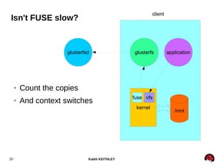 Kaleb KEITHLEY20
client
glusterfsd glusterfs
kernel
/mnt
application
vfsfuse
Isn't FUSE slow?
● Count the copies
● And context switches
 