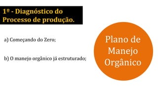 1º - Diagnóstico do
Processo de produção.
Plano de
Manejo
Orgânico
a) Começando do Zero;
b) O manejo orgânico já estruturado;
 