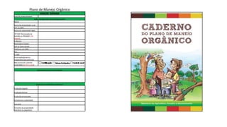 Plano de Manejo Orgânico
DADOS GERAIS
Data de preenchimento
Dados do Agricultor e/ou pessoa jurídica
Nome
Nome da propriedade rural:
CPF ou CNPJ:
Nome do responsável legal:
Nº DAP (Declaração de
Aptidão ao PRONAF): (Se
houver).
Endereço:
Município e Estado:
CEP ou Caixa postal:
Telefone com DDD:
Fax:
E-mail:
Associação/grupo ou
cooperativa que participa:
Mecanismo de controle
pretendido (se for o caso):
Roteiro de acesso a propriedade
Quais são as atividades produtivas?
Produção vegetal:
Produção Animal
Produção processada:
Extrativismo sustentável:
outros(s)
Tamanho da propriedade
(hectares ou alqueires):
 