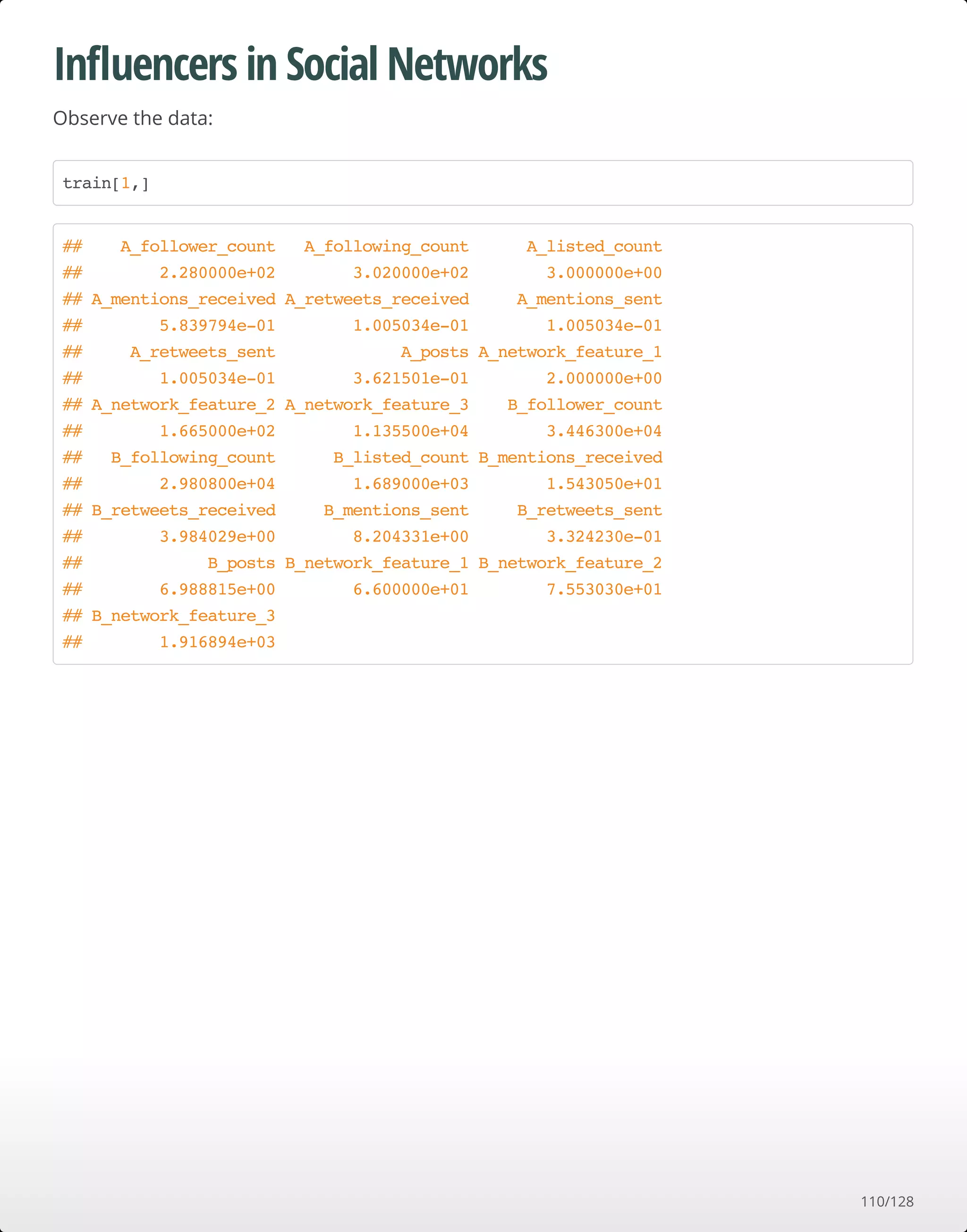 Inﬂuencers in Social Networks
Observe the data:
train[1,]
## A_follower_count A_following_count A_listed_count
## 2.280000e+02 3.020000e+02 3.000000e+00
## A_mentions_received A_retweets_received A_mentions_sent
## 5.839794e-01 1.005034e-01 1.005034e-01
## A_retweets_sent A_posts A_network_feature_1
## 1.005034e-01 3.621501e-01 2.000000e+00
## A_network_feature_2 A_network_feature_3 B_follower_count
## 1.665000e+02 1.135500e+04 3.446300e+04
## B_following_count B_listed_count B_mentions_received
## 2.980800e+04 1.689000e+03 1.543050e+01
## B_retweets_received B_mentions_sent B_retweets_sent
## 3.984029e+00 8.204331e+00 3.324230e-01
## B_posts B_network_feature_1 B_network_feature_2
## 6.988815e+00 6.600000e+01 7.553030e+01
## B_network_feature_3
## 1.916894e+03
110/128
 