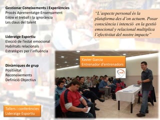 Gestionar Coneixements i Experiències
Procés Aprenentatge-Ensenyament                “L’aspecte personal és la
Entre el treball i la ignorància               plataforma des d’on actuem. Posar
Les claus del talent                           consciència i intenció en la gestió
                                               emocional y relacional multiplica
Lideratge Esportiu                             l’efectivitat del nostre impacte”
Elecció de l’estat emocional
Habilitats relacionals
Estratègies per l’influència

                                        Xavier Garcia
Dinàmiques de grup                      Entrenador d’entrenadors
Positivitat
Reconeixements
Definició Objectius




Tallers i conferències
Lideratge Esportiu
 