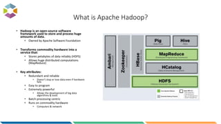 What is Apache Hadoop?
• Hadoop is an open-source software
framework used to store and process huge
amounts of data.
• Owned by Apache Software Foundation
• Transforms commodity hardware into a
service that:
• Stores petabytes of data reliably (HDFS)
• Allows huge distributed computations
(MapReduce)
• Key attributes:
• Redundant and reliable
• Doesn’t stop or lose data even if hardware
fails
• Easy to program
• Extremely powerful
• Allows the development of big data
algorithms & tools
• Batch processing centric
• Runs on commodity hardware
• Computers & network
 
