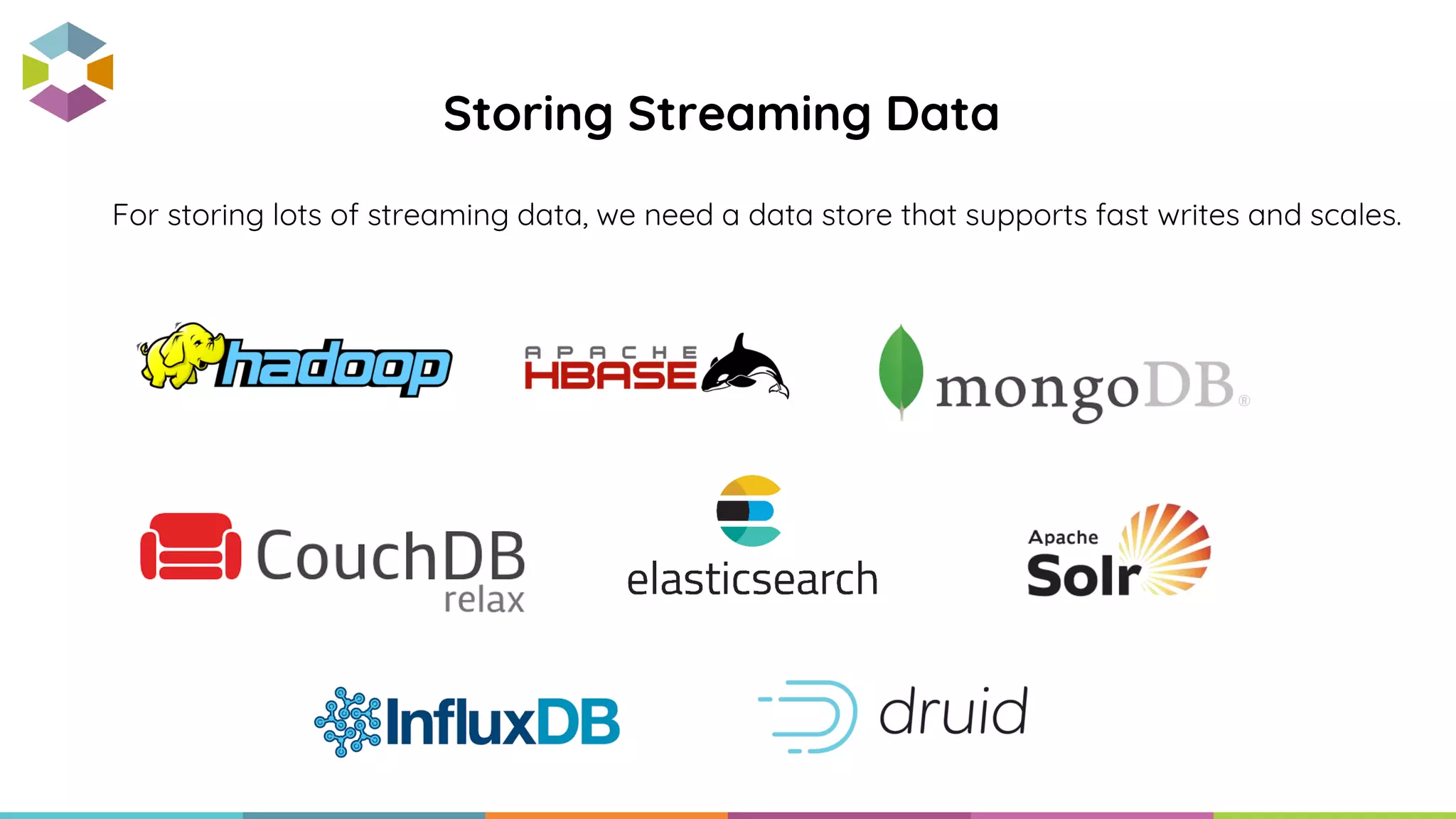 For storing lots of streaming data, we need a data store that supports fast writes and scales.
Storing Streaming Data
 