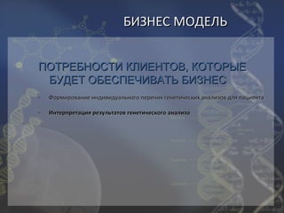 БИЗНЕС МОДЕЛЬ


ПОТРЕБНОСТИ КЛИЕНТОВ, КОТОРЫЕ
 БУДЕТ ОБЕСПЕЧИВАТЬ БИЗНЕС
-   Формирование индивидуального перечня генетических анализов для пациента

-   Интерпретация результатов генетического анализа
 