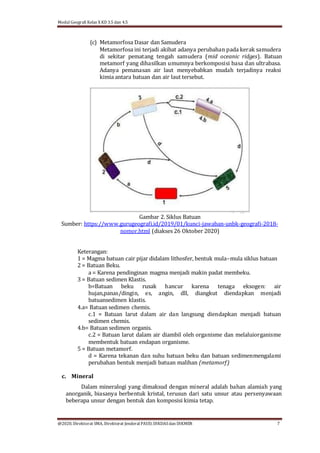 Modul Geografi Kelas X KD 3.5 dan 4.5
@2020, Direktorat SMA, Direktorat Jenderal PAUD, DIKDASdan DIKMEN 7
(c) Metamorfosa Dasar dan Samudera
Metamorfosa ini terjadi akibat adanya perubahan pada kerak samudera
di sekitar pematang tengah samudera (mid oceanic ridges). Batuan
metamorf yang dihasilkan umumnya berkomposisi basa dan ultrabasa.
Adanya pemanasan air laut menyebabkan mudah terjadinya reaksi
kimia antara batuan dan air laut tersebut.
Gambar 2. Siklus Batuan
Sumber: https://www.gurugeografi.id/2019/01/kunci-jawaban-unbk-geografi-2018-
nomor.html (diakses 26 Oktober 2020)
Keterangan:
1 = Magma batuan cair pijar didalam lithosfer, bentuk mula–mula siklus batuan
2 = Batuan Beku.
a = Karena pendinginan magma menjadi makin padat membeku.
3 = Batuan sedimen Klastis.
b=Batuan beku rusak hancur karena tenaga eksogen: air
hujan,panas/dingin, es, angin, dll, diangkut diendapkan menjadi
batuansedimen klastis.
4.a= Batuan sedimen chemis.
c.1 = Batuan larut dalam air dan langsung diendapkan menjadi batuan
sedimen chemis.
4.b= Batuan sedimen organis.
c.2 = Batuan larut dalam air diambil oleh organisme dan melaluiorganisme
membentuk batuan endapan organisme.
5 = Batuan metamorf.
d = Karena tekanan dan suhu batuan beku dan batuan sedimenmengalami
perubahan bentuk menjadi batuan malihan (metamorf)
c. Mineral
Dalam mineralogi yang dimaksud dengan mineral adalah bahan alamiah yang
anorganik, biasanya berbentuk kristal, terusun dari satu unsur atau persenyawaan
beberapa unsur dengan bentuk dan komposisi kimia tetap.
 