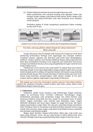 Modul Geografi Kelas X KD 3.5 dan 4.5
@2020, Direktorat SMA, Direktorat Jenderal PAUD, DIKDASdan DIKMEN 17
Para Siswa, sekarang pikirkan adakah dampak dari adanya tektonisme?
Benar, tentu ada!
Nah, apakah para siswa bisa menemukan manfaat yang lain! Coba Kalian pikirkan
manfaat lain dimaksud, kemudian catatlah hasilnya pada buku catatan Kalian untuk
didiskusikan dengan teman atau guru.
(c) Patahan akibat dua tekanan horizontal yang berlawanan arah.
Dalam pembahasan teori tektonik lempeng telah dipelajari bahwa jika
terdapat tenaga endogen yang bekerja pada lapisan litosfer dengan arah
mendatar dan saling berlawanan arah, akan terbentuk sesar mendatar
(strikeslip fault).
Perhatikan gambar 8 Untuk memperkuat pemahaman Kalian terhadap
konsep sesar di atas.
Gambar 8. (a) Graben,(b) Horst,dan (c) Strike Slip Foult(patahan mendatar)
Tenaga tektonisme akan berdampak pada banyak hal. Pergeseran kerak Bumi
mendorong terbentuknya berbagai jenis pegunungan dan cekungan sedimen.
Terjadinya tekanan, regangan, dan deformasi pada kerak Bumi (pengangkatan,
amblesan, retakan, patahan, serta lipatan) didukung dengan adanya gaya gravitasi
Bumi akan menimbulkan terjadinya erosi, longsoran, dan sedimentasi. Dari proses
ini dapat menimbulkan bencana alam yang mengakibatkan kerugian materiil, harta
benda, bahkan nyawa.
Tahukah para siswa, bencana lain yang terjadi? Ya, gempa Bumi dan tsunami.
Beberapa dampak di atas dapat digolongkan sebagai dampak negatif. Selain itu juga
timbul dampak positif, meskipun sering tidak disadari oleh banyak orang. Kantong-
kantong minyak dan gas alam banyak ditemukan di lipatan-lipatan dan sesar-sesar
batuan yang kondisinya menguntungkan. Salah satunya terdapat di sisi utara
maupun selatan rangkaian pegunungan yang melintasi Pulau Jawa.
3. Vulkanisme
Vulkanisme adalah semua peristiwa yang berhubungan dengan keluarnya
magma ke permukaan bumi. Peristiwa vulkanisme berhubungan dengan
pembentukan gunungapi, yaitu pergerakan magma dari dalam litosfera yang
menyusup kelapisan yang lebih atas atau sampai ke permukaan bumi. Di dalam
litosfer, magma menempati suatu kantong yang dinamakan dapur magma
(Batholit). Kedalaman dan besar dapur magma itu sangat bervariasi. Ada dapur
magma yang letaknya sangat dalam dan ada pula yang dekat dengan permukaan
bumi. Perbedaan letak ini merupakan penyebab perbedaan kekuatan letusan yang
terjadi. Pada umumnya, dapur magma yang dalam menimbulkan letusan yang lebih
kuat daripada yang letaknyadangkal.
Magma dapat diartikan sebagai bahan-bahan silikat pijar yang terdiri atas
bahan padat (batuan), cairan, dan gas yang berada di dalam lapisan kulit bumi
(litosfer).Berbagai macam gas yang terkandung dalam magma antara lain uap air,
 