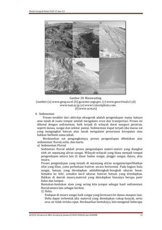 Modul Geografi Kelas X KD 3.5 dan 4.5
@2020, Direktorat SMA, Direktorat Jenderal PAUD, DIKDASdan DIKMEN 31
Gambar 20. Masswasting
(sumber:(a) www.geog.uu.nl.(b) ga.water.usgs.gov. (c) www.geovirtual.cl.(d)
www.tuat.ac.jp.(e) www1.istockphoto.com.
(f) www.ucm.es)
4. Sedimentasi
Proses terakhir dari aktivitas eksogenik adalah pengendapan massa batuan
atau tanah di suatu tempat setelah mengalami erosi dan transportasi. Proses ini
dikenal dengan sedimentasi, baik terjadi di wilayah darat maupun perairan,
seperti danau, sungai dan sekitar pantai. Sedimentasi dapat terjadi jika massa zat
yang mengangkut batuan atau tanah mengalami penurunan kecepatan atau
bahkan berhenti sama sekali.
Berdasarkan zat pengangkutnya, proses pengendapan dibedakan atas
sedimentasi ﬂuvial,eolin, dan marin.
a) Sedimentasi Fluvial
Sedimetasi ﬂuvial adalah proses pengendapan materi-materi yang diangkut
oleh air sepanjang aliran sungai. Wilayah-wilayah yang biasa menjadi tempat
pengendapan antara lain di dasar badan sungai, pinggir sungai, danau, atau
muara.
Proses pengendapan yang terjadi di sepanjang aliran sungaimemperlihatkan
sifat yang khas, yaitu perbedaan butiran secara horizontal. Pada bagian hulu
sungai, batuan yang diendapkan adalahbongkah-bongkah ukuran besar.
Semakin ke hilir, semakin kecil ukuran butiran batuan yang diendapkan.
Bahkan di daerah muara,material yang diendapkan biasanya berupa pasir
halus dan lumpur.
Bentukan-bentukan alam yang sering kita jumpai sebagai hasil sedimentasi
ﬂuvialantara lain sebagai berikut.
1) Delta.
Endapan di muara sungai baik sungai yang bermuara ke danau ataupun laut.
Delta dapat terbentuk jika material yang diendapkan cukup banyak, serta
arus air tidak terlalu cepat. Berdasarkan bentuknya, kita mengenal beberapa
 