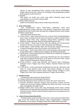 Modul Geografi Kelas X KD 3.5 dan 4.5
@2020, Direktorat SMA, Direktorat Jenderal PAUD, DIKDASdan DIKMEN 41
Lapisan ini juga mengandung bahan organik, tetapi kurang dibandingkan
dengan lapisan tanah atas. Lapisan ini merupakan zona pengendapan partikel
tanah yang tercuci dari horizon A.
3) Regolith
Pada lapisan ini terdiri atas tanah yang sudah terbentuk, tetapi masih
menunjukkan ciri-ciristruktur batuan induk.
4) Bahan Induk (bedrock)
Lapisan ini merupakan lapisan batuan induk yang masih padu.
4. Jenis-jenistanah.
Jenis tanahInteraksi antara faktor-faktor pembentuk tanah akan
menghasilkantanah dengan sifat-sifat yang berbeda. Berdasarkan pada faktor
pembentuk dan sifat tanah inilah, beberapa ahli mengklasifikasikan tanah dengan
klasifikasi yang berbeda.
Jenis-jenis tanah itu antara lain:
a) Tanah aluvial = tanah yang terbentuk dari material halus hasilpengendapan
aliran sungai. Persebaran tanah aluvial di Indonesia terdapat di pantai Timur
Sumatra, pantai Utara Jawa, sepanjang Sungai Barito, sepanjang Sungai
Mahakam, sepanjang Sungai Musi dan sepanjang Bengawan Solo.
b) Tanah andosol = tanah yang berasal dari abu gunung api. Persebarannya
terdapat di: Sumatra, Jawa,Bali, Lombok, Halmahera dan Minahasa.
c) Tanah regosol = tanah berbutir kasar dan berasal dari material gunung api.
Terdapat di Bengkulu, pantai Barat Sumatra, Jawa,Bali dan NTB.
d) Tanah kapur = tanah yang terjadi karena hasil pelapukan batuan kapur dan
sifatnya tidak subur. Terdapat di Jawa Tengah, Aceh, danSulawesi Selatan.
e) Tanah litosol = tanah yang terbentuk dari batuan keras yang belum mengalami
pelapukan secara sempurna.
f) Tanah argosol (tanah gambut) = tanah yang terbentuk dari sisa-sisa tumbuhan
yang telah mengalami pembusukan. Jenis tanah ini berwarna hitam sampai
coklat.Terdapat di Kalimantan, Sumatra dan Papua.
g) Tanah grumusol = tanah yang terbentuk dari material halus berlempung.
Terdapat di Jawa Tengah, Jawa Timur, Madura, Sulawesi Selatan dan Nusa
Tenggara.
h) Tanah latosol = tanah yang banyak mengandung zat besi dan aluminium. Jens
tanah ini sering disebut tanah merah yang banyak dijumpai di daerah
pegunungan. Tanahnya berwarna merah sampai kuning. Terdapat di Jawa
Tengah, JawaTimur, Bali, Lampung, Kalimantan Tengah, Sumatra Barat.
5. ManfaatTanah
Pemanfaatan tanah antara lain sebagai berikut:
a) Tempat tumbuh dan berkembangnya perakaran
b) Penyedia kebutuhan primer tanaman (air, udara, dan unsur-unsur hara)
c) Penyedia kebutuhan sekunder tanaman (zat-zat pemacu tumbuh: hormon,
vitamin, dan asam asam organik; antibiotik dan toksin anti hama; enzim yang
dapat meningkatkan kesediaan hara)
d) Sebagai habitat biota tanah, baik yang berdampak positif karena terlibat
langsung atau tak langsung dalam penyediaan kebutuhan primer dan sekunder
tanaman tersebut, maupun yang berdampak negatif karena merupakan hama &
penyakit tanaman.
6. Lahan Potensial danlahan Kritis
Perbedaan lahan potensial dengan lahan kritis. Lahan potensial adalah lahan
yang secara fisis kimiawi dan ekonomi cukup menguntungkan, tetapibelum
dimanfaatkan secara optimal. Sedangkan lahan kritis adalah lahan yang sudah
 