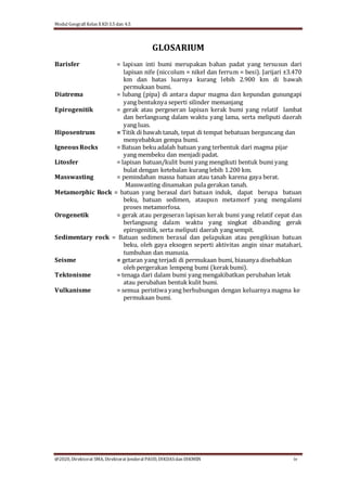 Modul Geografi Kelas X KD 3.5 dan 4.5
@2020, Direktorat SMA, Direktorat Jenderal PAUD, DIKDASdan DIKMEN iv
GLOSARIUM
Barisfer = lapisan inti bumi merupakan bahan padat yang tersusun dari
lapisan nife (niccolum = nikel dan ferrum = besi). Jarijari ±3.470
km dan batas luarnya kurang lebih 2.900 km di bawah
permukaan bumi.
Diatrema = lubang (pipa) di antara dapur magma dan kepundan gunungapi
yang bentuknya seperti silinder memanjang
Epirogenitik = gerak atau pergeseran lapisan kerak bumi yang relatif lambat
dan berlangsung dalam waktu yang lama, serta meliputi daerah
yang luas.
Hiposentrum = Titik di bawah tanah, tepat di tempat bebatuan berguncang dan
menyebabkan gempa bumi.
IgneousRocks = Batuan beku adalah batuan yang terbentuk dari magma pijar
yang membeku dan menjadi padat.
Litosfer = lapisan batuan/kulit bumi yang mengikuti bentuk bumi yang
bulat dengan ketebalan kurang lebih 1.200 km.
Masswasting = pemindahan massa batuan atau tanah karena gaya berat.
Masswasting dinamakan pula gerakan tanah.
Metamorphic Rock = batuan yang berasal dari batuan induk, dapat berupa batuan
beku, batuan sedimen, ataupun metamorf yang mengalami
proses metamorfosa.
Orogenetik = gerak atau pergeseran lapisan kerak bumi yang relatif cepat dan
berlangsung dalam waktu yang singkat dibanding gerak
epirogenitik, serta meliputi daerah yangsempit.
Sedimentary rock = Batuan sedimen berasal dan pelapukan atau pengikisan batuan
beku, oleh gaya eksogen seperti aktivitas angin sinar matahari,
tumbuhan dan manusia.
Seisme = getaran yang terjadi di permukaan bumi, biasanya disebabkan
oleh pergerakan lempeng bumi (kerak bumi).
Tektonisme = tenaga dari dalam bumi yang mengakibatkan perubahan letak
atau perubahan bentuk kulit bumi.
Vulkanisme = semua peristiwa yang berhubungan dengan keluarnya magma ke
permukaan bumi.
 
