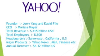 Founder :- Jerry Yang and David Filo
CEO :- Marissa Mayer
Total Revenue :- $ 415 billion USd
Total Employees :- 8,500
Headquarters :-Sunnyvale , California , U.S
Major Products :- Yahoo News , Mail, Finance etc
Annual Turnover :- $6.32 billion US
 