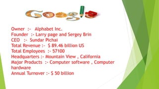 Owner :- Alphabet Inc.
Founder :- Larry page and Sergey Brin
CEO :- Sundar Pichai
Total Revenue :- $ 89.46 billion US
Total Employees :- 57100
Headquarters :- Mountain View , California
Major Products :- Computer software , Computer
hardware
Annual Turnover :- $ 50 billion
 