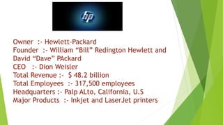Owner :- Hewlett-Packard
Founder :- William “Bill” Redington Hewlett and
David “Dave” PAckard
CEO :- Dion Weisler
Total Revenue :- $ 48.2 billion
Total Employees :- 317,500 employees
Headquarters :- Palp ALto, California, U.S
Major Products :- Inkjet and LaserJet printers
 