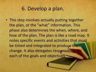 6. Develop a plan.
• This step involves actually putting together
the plan, or the “what” information. This
phase also determines the when, where, and
how of the plan. The plan is like a road map. It
notes specific events and activities that must
be timed and integrated to produce the
change. It also delegates responsibility for
each of the goals and objectives.
 