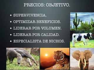 PRECIOS: OBJETIVO.
• SUPERVIVENCIA.
• OPTIMIZAR BENEFICIOS.
• LIDERAR POR VOLUMEN.
• LIDERAR POR CALIDAD.
• ESPECIALISTA DE NICHOS.
 