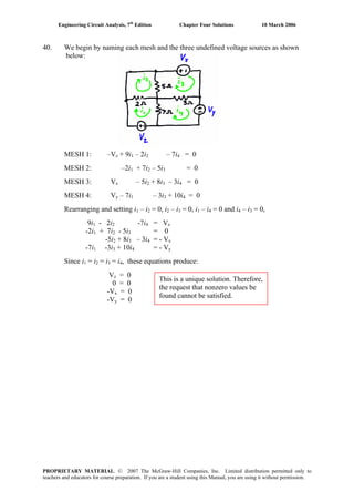 Engineering Circuit Analysis, 7th
Edition Chapter Four Solutions 10 March 2006
40. We begin by naming each mesh and the three undefined voltage sources as shown
below:
MESH 1: –Vz + 9i – 2i1 2 – 7i4 = 0
MESH 2: –2i1 + 7i2 – 5i3 = 0
– 5iMESH 3: Vx 2 + 8i3 – 3i4 = 0
MESH 4: Vy – 7i – 3i1 3 + 10i4 = 0
Rearranging and setting i1 – i2 = 0, i2 – i3 = 0, i1 – i4 = 0 and i – i4 3 = 0,
9i1 - 2i -7i = V2 4 z
-2i1 + 7i - 5i2 3 = 0
+ 8i-5i2 3 – 3i4 = - Vx
-7i1 -3i + 10i3 4 = - Vy
Since i1 = i2 = i = i , these equations produce:3 4
Vz = 0
0 = 0
-V = 0x
-Vy = 0
This is a unique solution. Therefore,
the request that nonzero values be
found cannot be satisfied.
PROPRIETARY MATERIAL. © 2007 The McGraw-Hill Companies, Inc. Limited distribution permitted only to
teachers and educators for course preparation. If you are a student using this Manual, you are using it without permission.
 