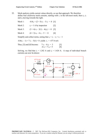 Engineering Circuit Analysis, 7th
Edition Chapter Four Solutions 10 March 2006
55. Mesh analysis yields current values directly, so use that approach. We therefore
in the left-most mesh, then i , idefine four clockwise mesh currents, starting with i1 2 3
and i moving towards the right.4
Mesh 1: -0.8i + (2 + 5) i – 5 i = 0 [1]x 1 2
Mesh 2: i2 = 1 A by inspection [2]
Mesh 3: (3 + 4) i3 – 3(1) – 4(i ) = 0 [3]4
Mesh 4: (4 + 3) i4 – 4 i3 – 5 = 0 [4]
Simplify and collect terms, noting that i = i – i = i – 1x 1 2 1
-0.8(i1 – 1) + 7 i – 5(1) = 0 yields i = 677.4 mA1 1
Thus, [3] and [4] become: 7 i3 – 4 i4 = 3 [3]
-4 i + 7 i = 5 [4]3 4
Solving, we find that i = 1.242 A and i3 4 = 1.424 A. A map of individual branch
currents can now be drawn:
↑
677.4 mA
677.4 mA
→
-322.6 mA
↓ -242.0 mA
↓
↑
182.0 mA
↑
-1.424 A
PROPRIETARY MATERIAL. © 2007 The McGraw-Hill Companies, Inc. Limited distribution permitted only to
teachers and educators for course preparation. If you are a student using this Manual, you are using it without permission.
 