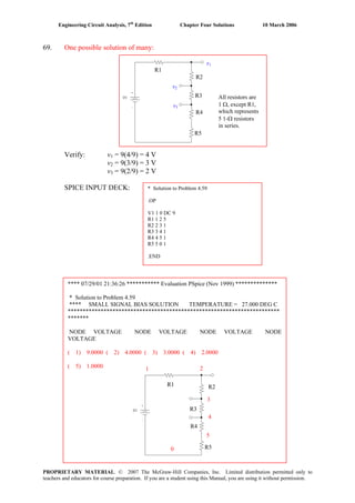 Engineering Circuit Analysis, 7th
Edition Chapter Four Solutions 10 March 2006
PROPRIETARY MATERIAL. © 2007 The McGraw-Hill Companies, Inc. Limited distribution permitted only to
teachers and educators for course preparation. If you are a student using this Manual, you are using it without permission.
69. One possible solution of many:
v1
v2
v3
All resistors are
1 Ω, except R1,
which represents
5 1-Ω resistors
in series.
R1
R2
R3
R4
R5
Verify: v1 = 9(4/9) = 4 V
v2 = 9(3/9) = 3 V
v3 = 9(2/9) = 2 V
SPICE INPUT DECK: * Solution to Problem 4.59
.OP
V1 1 0 DC 9
R1 1 2 5
R2 2 3 1
R3 3 4 1
R4 4 5 1
R5 5 0 1
.END
**** 07/29/01 21:36:26 *********** Evaluation PSpice (Nov 1999) **************
* Solution to Problem 4.59
**** SMALL SIGNAL BIAS SOLUTION TEMPERATURE = 27.000 DEG C
***********************************************************************
*******
NODE VOLTAGE NODE VOLTAGE NODE VOLTAGE NODE
VOLTAGE
( 1) 9.0000 ( 2) 4.0000 ( 3) 3.0000 ( 4) 2.0000
( 5) 1.0000 1 2
3
4
5
0
R1
R4
R5
R2
R3
 