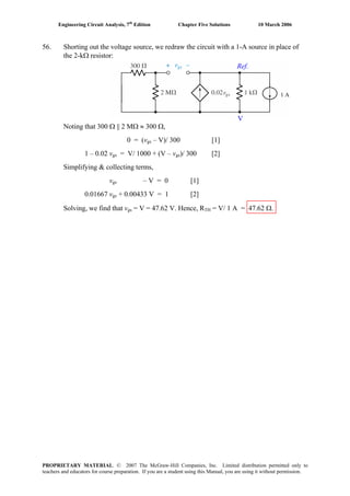 Engineering Circuit Analysis, 7th
Edition Chapter Five Solutions 10 March 2006
56. Shorting out the voltage source, we redraw the circuit with a 1-A source in place of
the 2-kΩ resistor:
Noting that 300 Ω || 2 MΩ ≈ 300 Ω,
0 = (vgs – V)/ 300 [1]
1 – 0.02 vgs = V/ 1000 + (V – vgs)/ 300 [2]
Simplifying & collecting terms,
vgs – V = 0 [1]
0.01667 vgs + 0.00433 V = 1 [2]
Solving, we find that vgs = V = 47.62 V. Hence, RTH = V/ 1 A = 47.62 Ω.
1 A
Ref.
V
PROPRIETARY MATERIAL. © 2007 The McGraw-Hill Companies, Inc. Limited distribution permitted only to
teachers and educators for course preparation. If you are a student using this Manual, you are using it without permission.
 