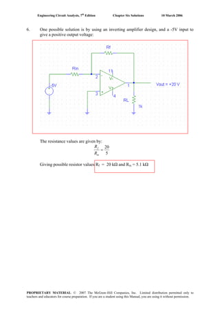 Engineering Circuit Analysis, 7th
Edition Chapter Six Solutions 10 March 2006
6. One possible solution is by using an inverting amplifier design, and a -5V input to
give a positive output voltage:
The resistance values are given by:
5
20
=
in
f
R
R
Giving possible resistor values Rf = 20 kΩ and Rin = 5.1 kΩ
PROPRIETARY MATERIAL. © 2007 The McGraw-Hill Companies, Inc. Limited distribution permitted only to
teachers and educators for course preparation. If you are a student using this Manual, you are using it without permission.
 