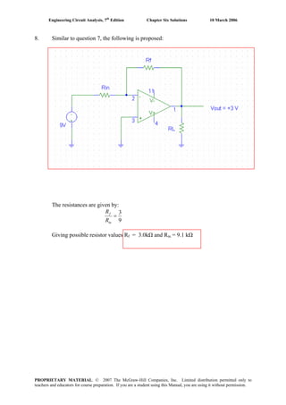 Engineering Circuit Analysis, 7th
Edition Chapter Six Solutions 10 March 2006
8. Similar to question 7, the following is proposed:
The resistances are given by:
9
3
=
in
f
R
R
Giving possible resistor values Rf = 3.0kΩ and Rin = 9.1 kΩ
PROPRIETARY MATERIAL. © 2007 The McGraw-Hill Companies, Inc. Limited distribution permitted only to
teachers and educators for course preparation. If you are a student using this Manual, you are using it without permission.
 
