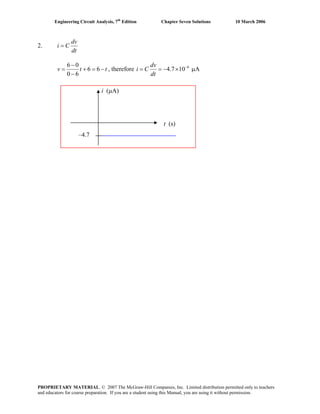 Engineering Circuit Analysis, 7th
Edition Chapter Seven Solutions 10 March 2006
2.
dv
i C
dt
=
6 0
6 6
0 6
v t
−
= + =
−
t− , therefore 6
4.7 10
dv
i C −
dt
= = − × μA
t (s)
i (μA)
–4.7
PROPRIETARY MATERIAL. © 2007 The McGraw-Hill Companies, Inc. Limited distribution permitted only to teachers
and educators for course preparation. If you are a student using this Manual, you are using it without permission.
 